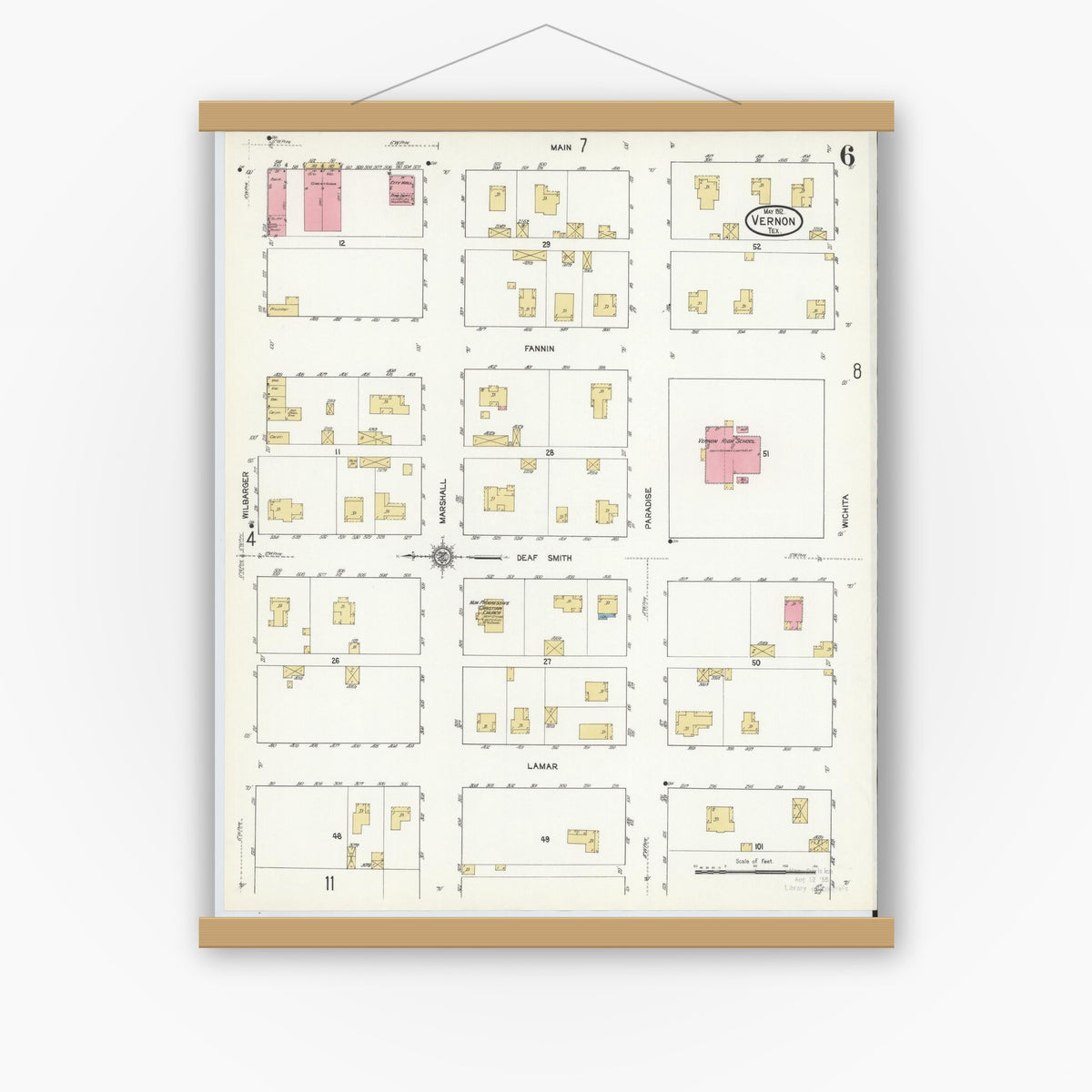Old map wall art mockup — magnetic wood frame on white wall — Sanborn Fire Insurance Map from Vernon, Wilbarger County, Texas (1912), Sheet #0006