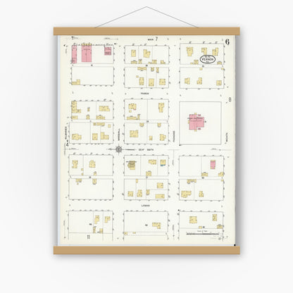 Old map wall art mockup — magnetic wood frame on white wall — Sanborn Fire Insurance Map from Vernon, Wilbarger County, Texas (1912), Sheet #0006