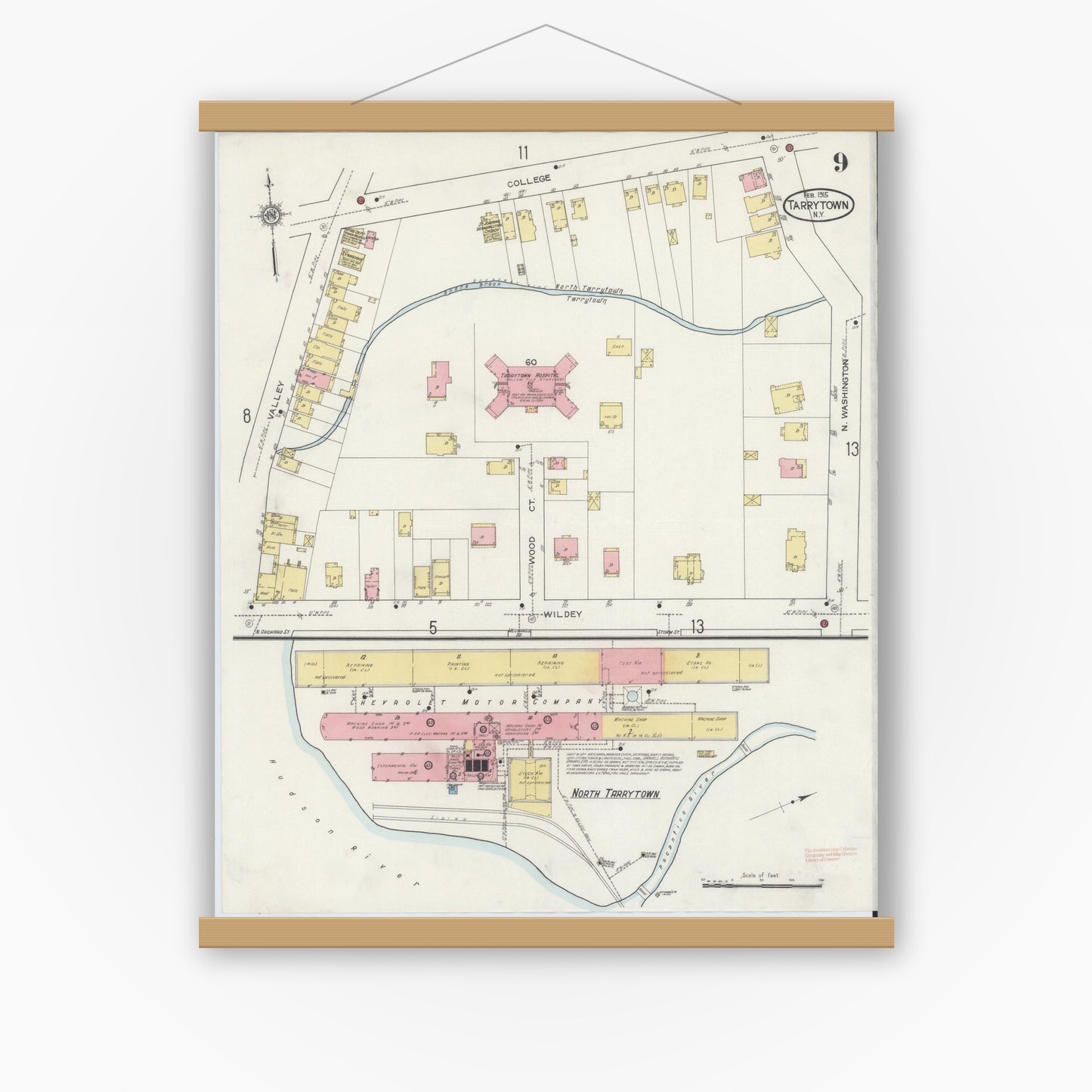 Old map wall art mockup — magnetic wood frame on white wall — Sanborn Fire Insurance Map from Tarrytown, Westchester County, New York (1915), Sheet #0009