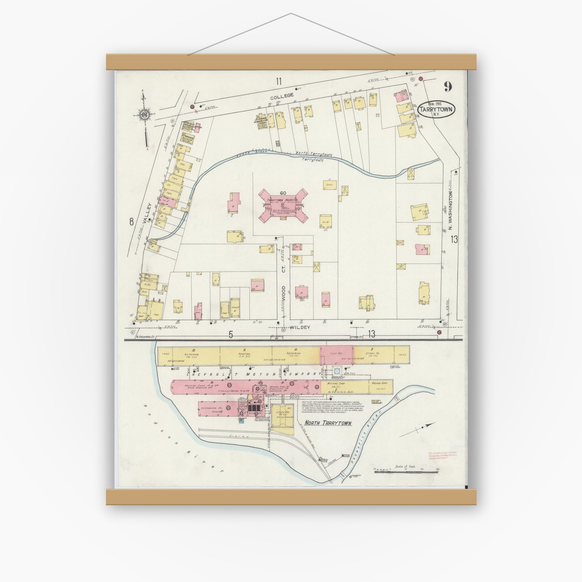 Old map wall art mockup — magnetic wood frame on white wall — Sanborn Fire Insurance Map from Tarrytown, Westchester County, New York (1915), Sheet #0009