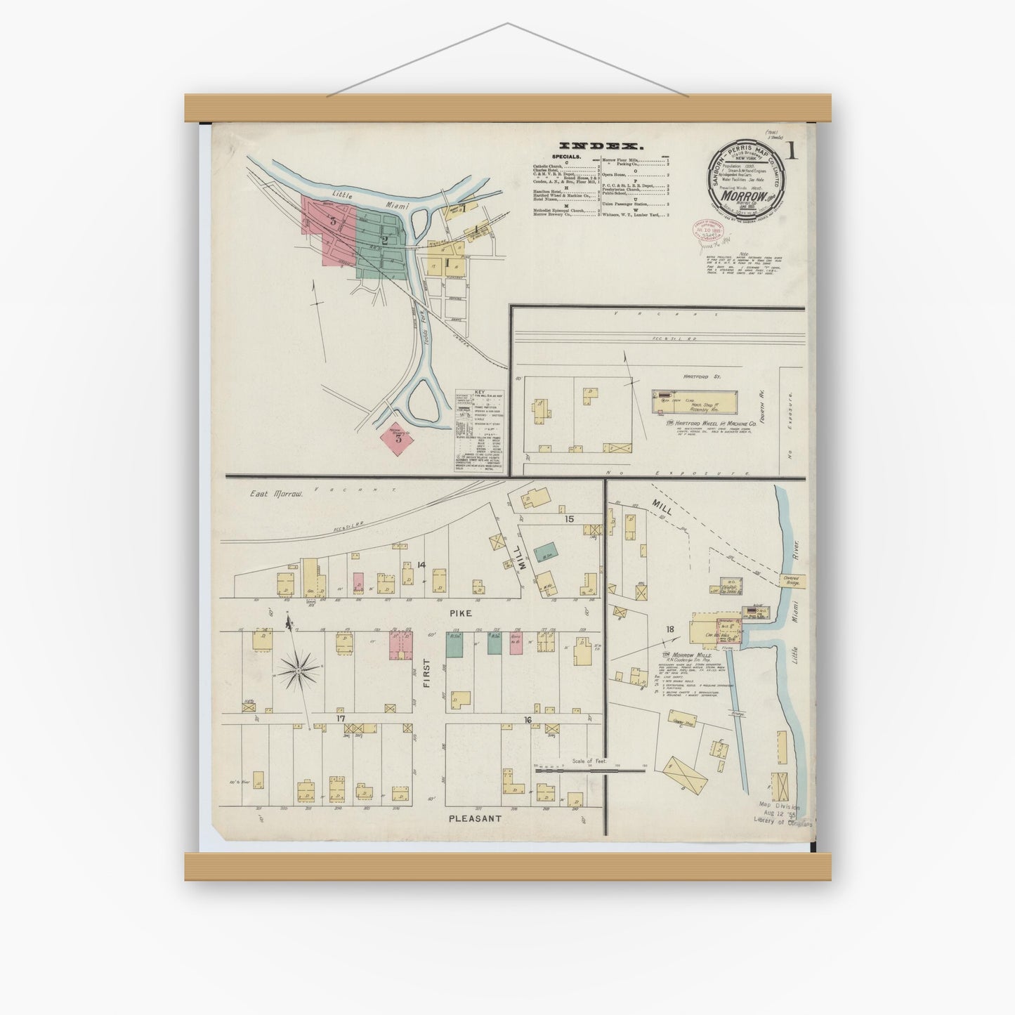Old map wall art mockup — magnetic wood frame on white wall — Sanborn Fire Insurance Map from Morrow, Warren County, Ohio (1895) - Complete Map Set