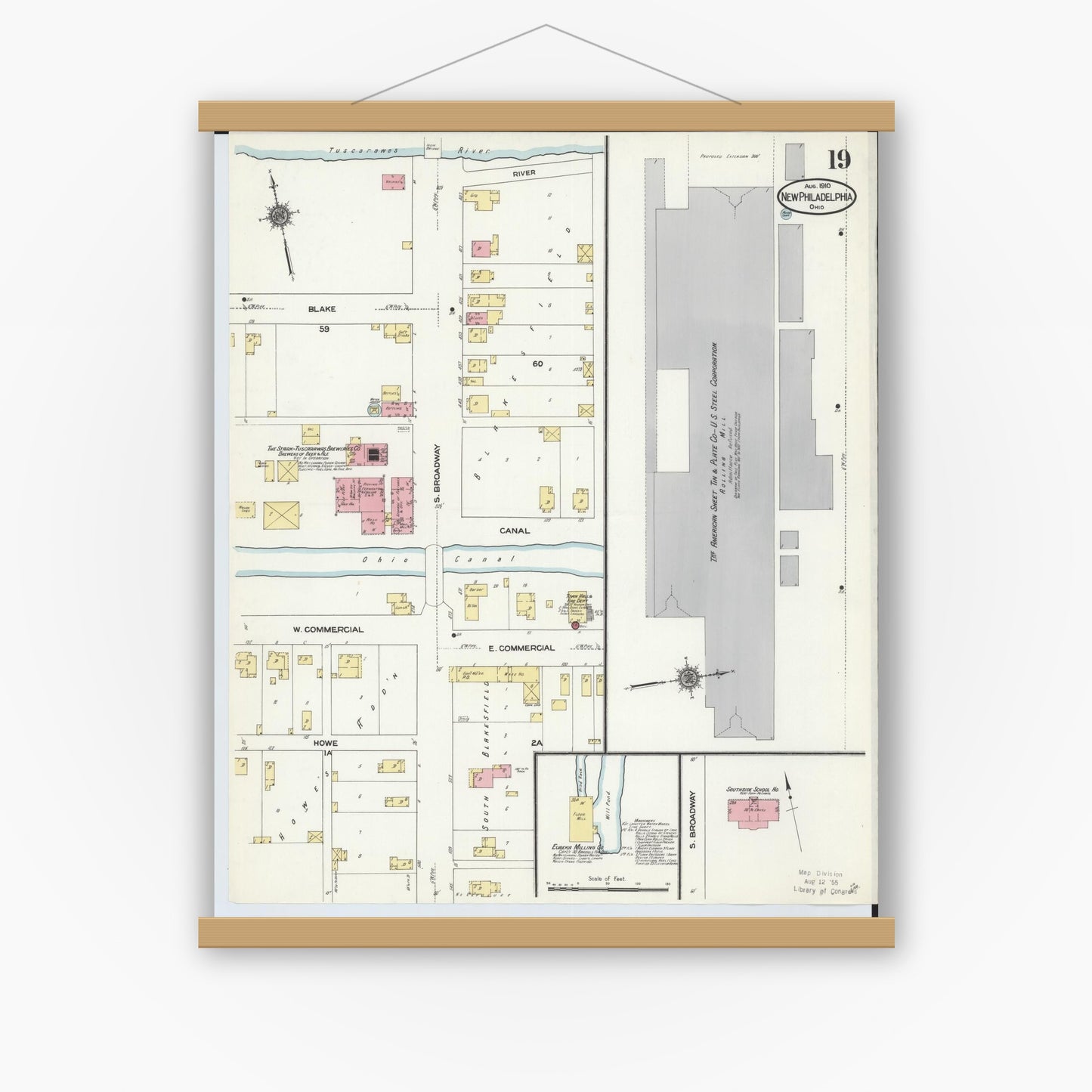 Old map wall art mockup — magnetic wood frame on white wall — Sanborn Fire Insurance Map from New Philadelphia, Tuscarawas County, Ohio (1910), Sheet #0019