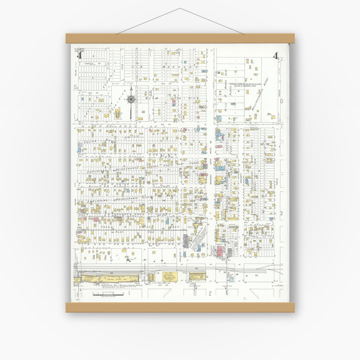 Old map wall art mockup — magnetic wood frame on white wall — Sanborn Fire Insurance Map from Elsa, Hidalgo County, Texas (1949), Sheet #0004
