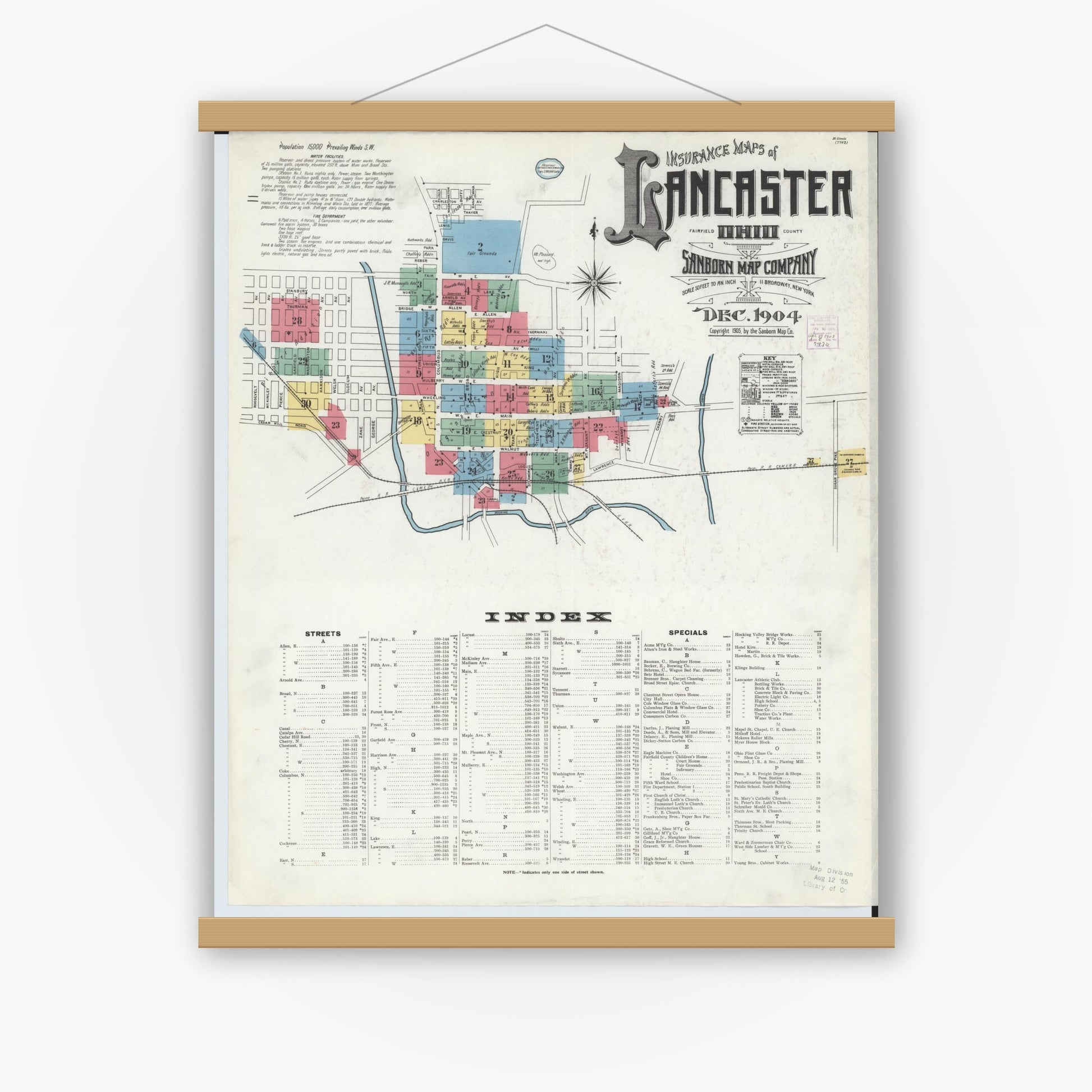 Old map wall art mockup — magnetic wood frame on white wall — Sanborn Fire Insurance Map from Lancaster, Fairfield County, Ohio (1904), Sheet #0001