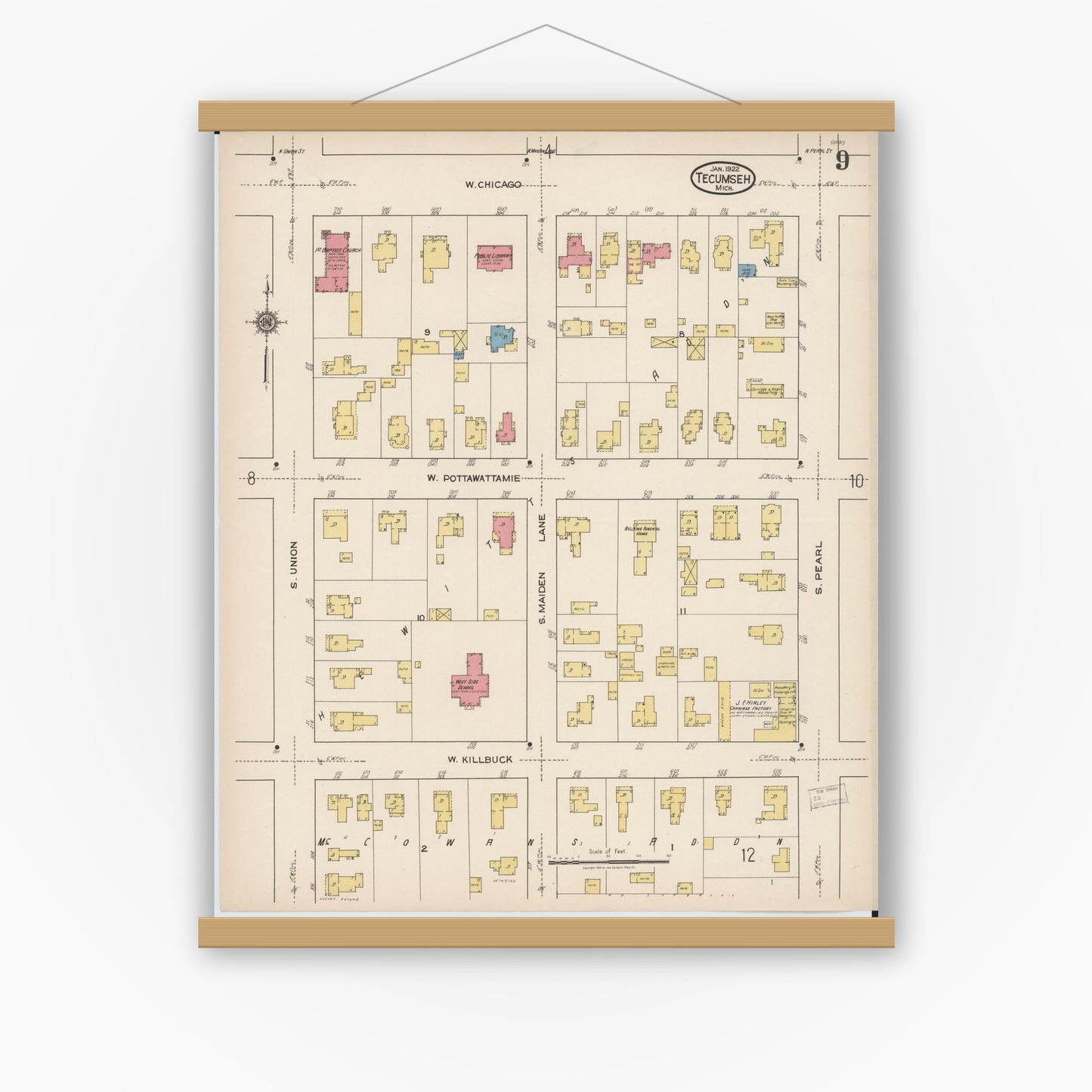 Old map wall art mockup — magnetic wood frame on white wall — Sanborn Fire Insurance Map from Tecumseh, Lenawee County, Michigan (1922), Sheet #0009