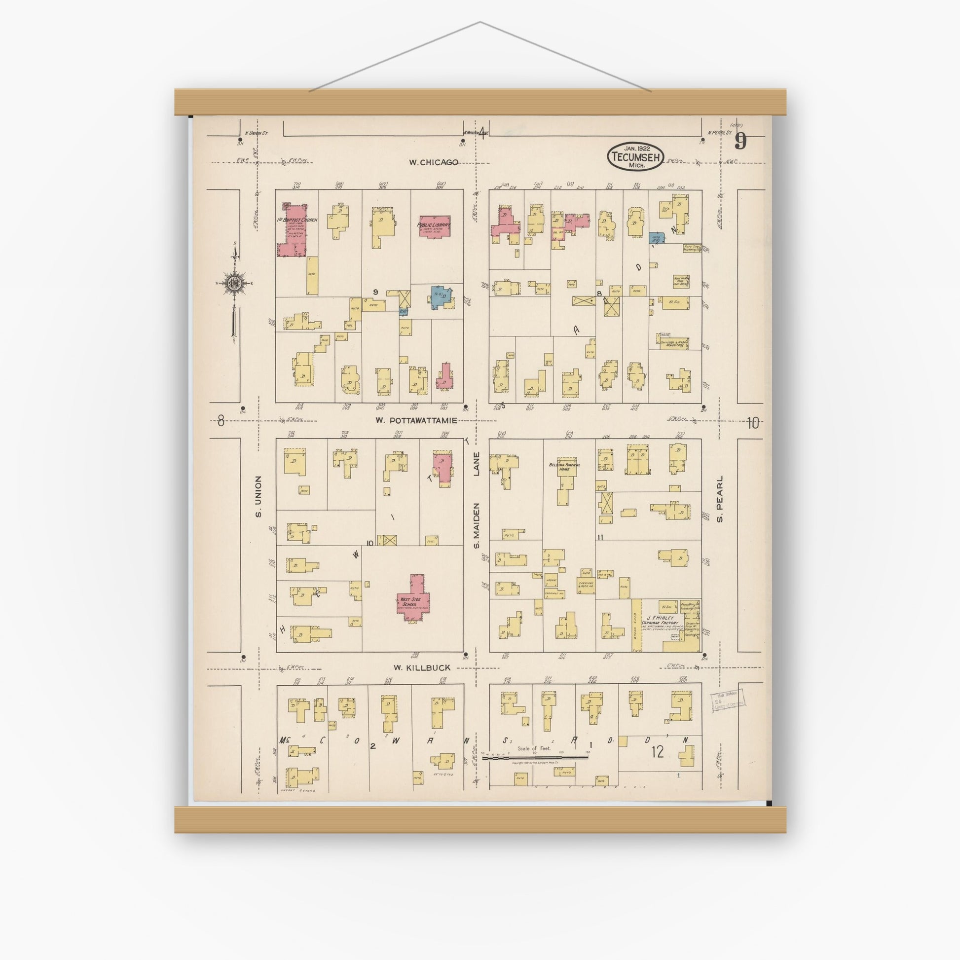 Old map wall art mockup — magnetic wood frame on white wall — Sanborn Fire Insurance Map from Tecumseh, Lenawee County, Michigan (1922), Sheet #0009