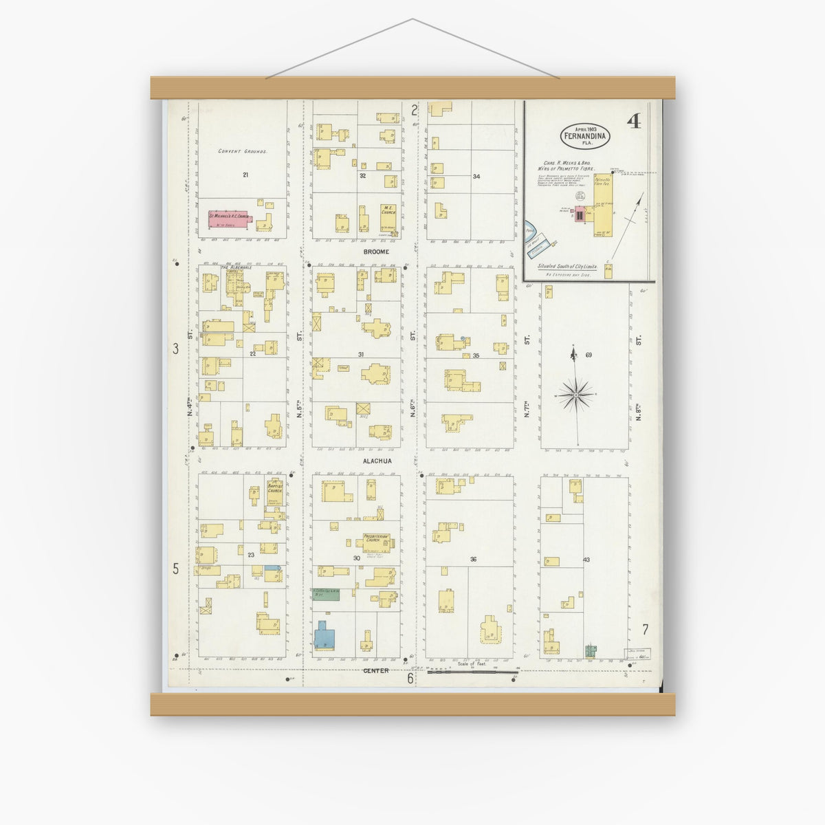Old map wall art mockup — magnetic wood frame on white wall — Sanborn Fire Insurance Map from Fernandina, Nassau County, Florida (1903), Sheet #0004
