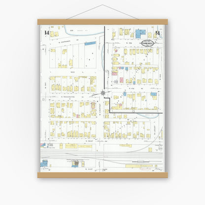 Old map wall art mockup — magnetic wood frame on white wall — Sanborn Fire Insurance Map from Kankakee, Kankakee County, Illinois (1930), Sheet #0014
