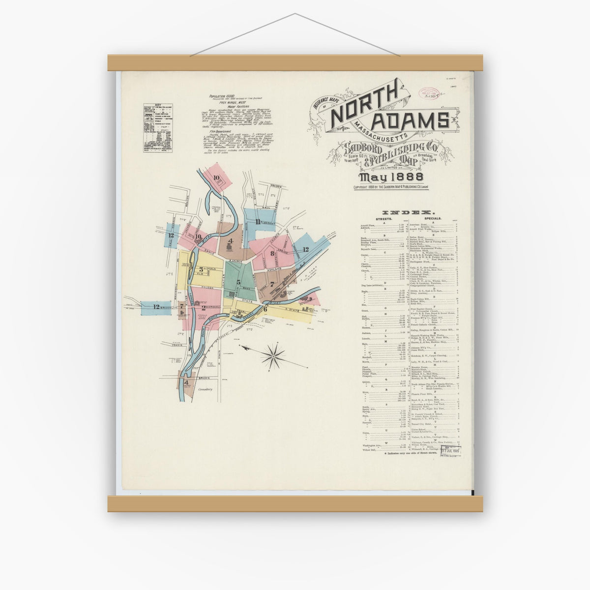 Old map wall art mockup — magnetic wood frame on white wall — Sanborn Fire Insurance Map from North Adams, Berkshire County, Massachusetts (1888) - Complete Map Set
