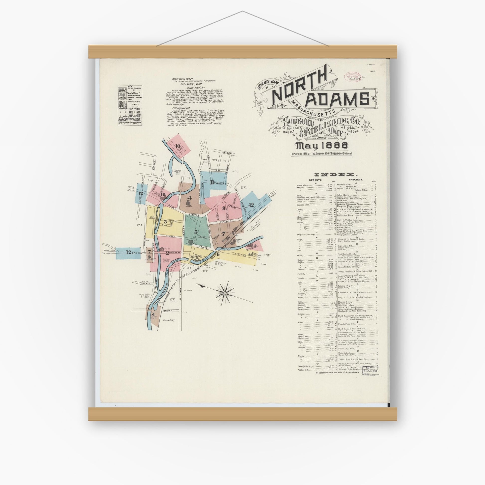 Old map wall art mockup — magnetic wood frame on white wall — Sanborn Fire Insurance Map from North Adams, Berkshire County, Massachusetts (1888) - Complete Map Set