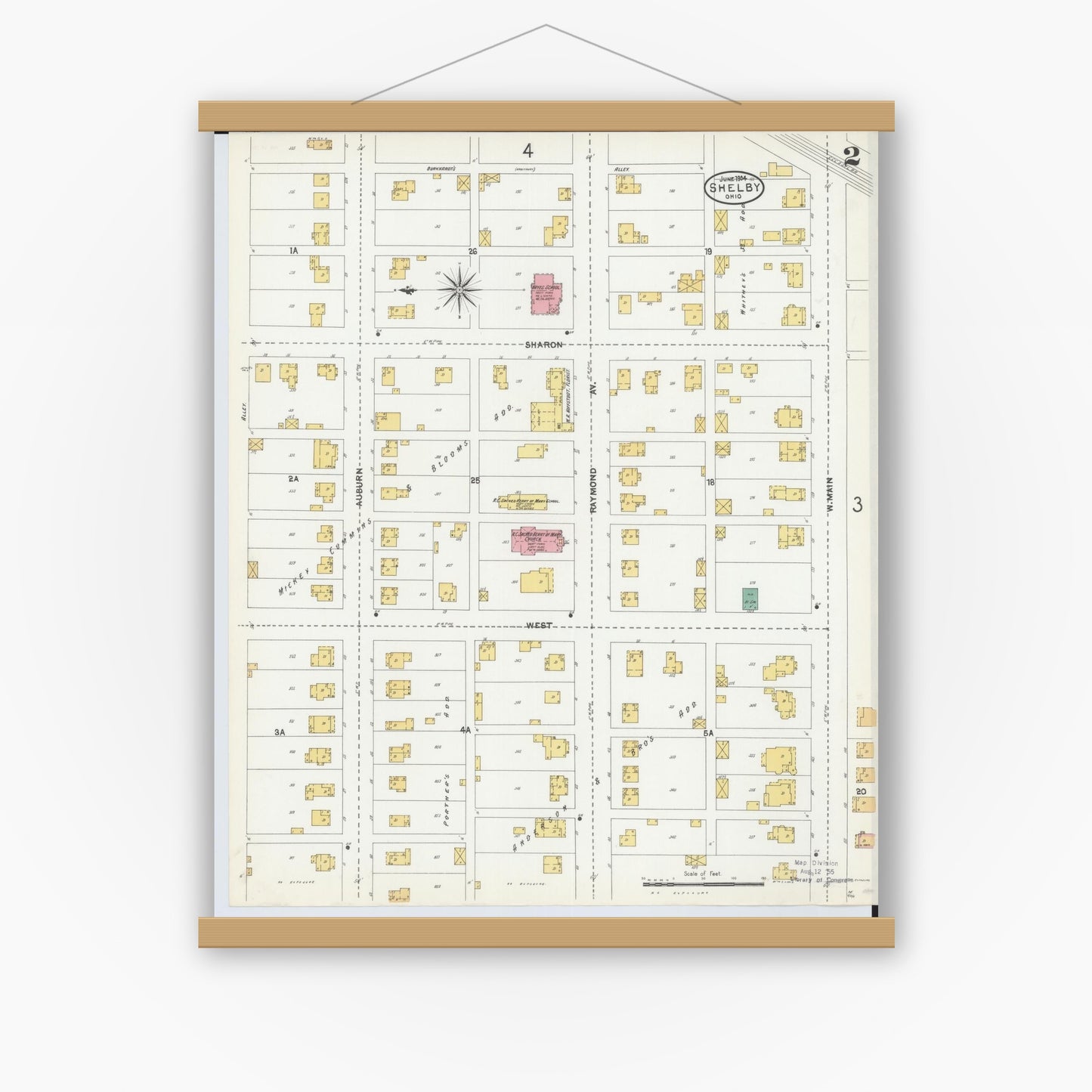 Old map wall art mockup — magnetic wood frame on white wall — Sanborn Fire Insurance Map from Shelby, Richland County, Ohio (1904), Sheet #0002
