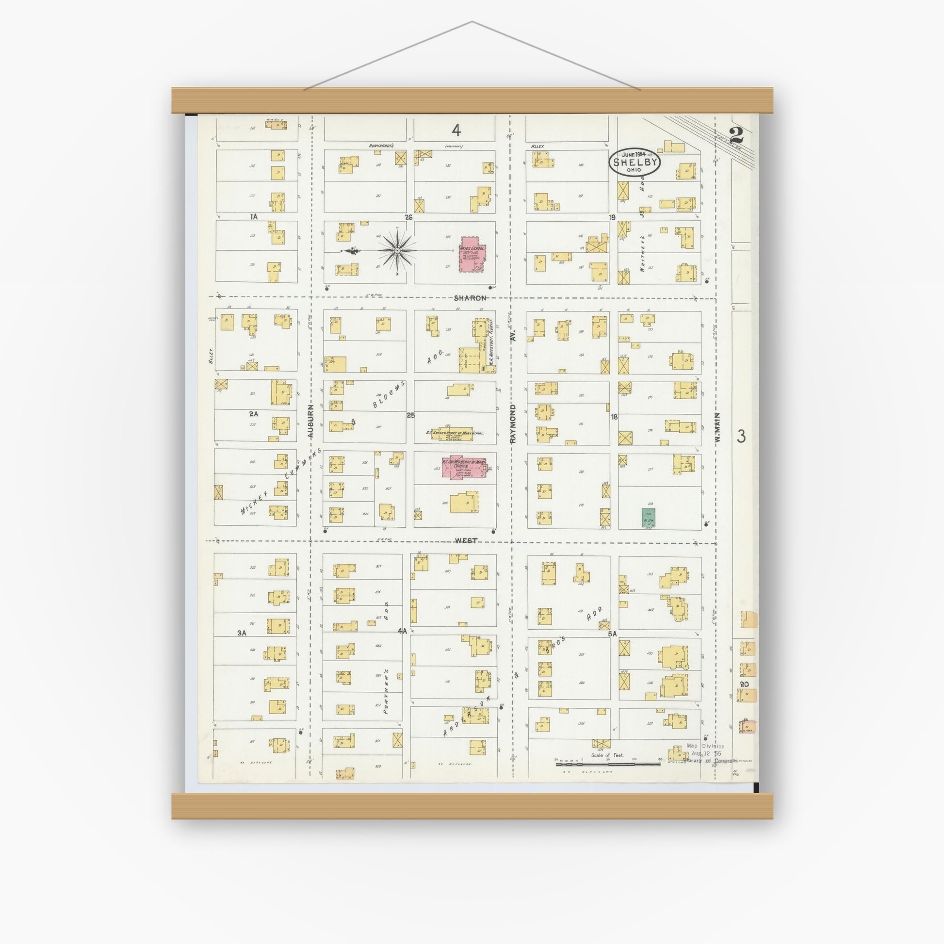 Old map wall art mockup — magnetic wood frame on white wall — Sanborn Fire Insurance Map from Shelby, Richland County, Ohio (1904), Sheet #0002
