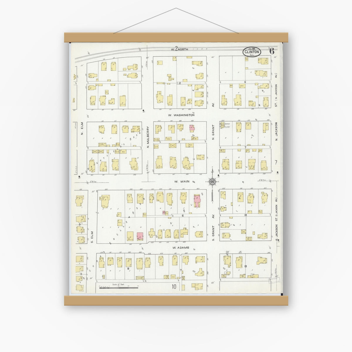 Old map wall art mockup — magnetic wood frame on white wall — Sanborn Fire Insurance Map from Clinton, De Witt County, Illinois (1916), Sheet #0006