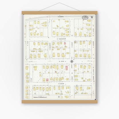 Old map wall art mockup — magnetic wood frame on white wall — Sanborn Fire Insurance Map from Clinton, De Witt County, Illinois (1916), Sheet #0006