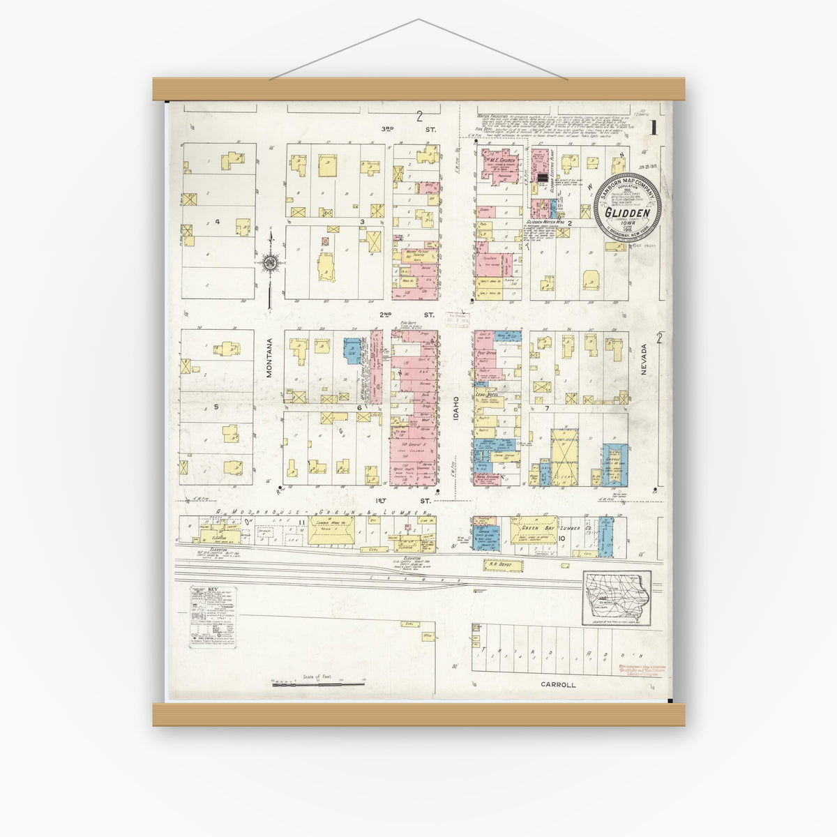 Old map wall art mockup — magnetic wood frame on white wall — Sanborn Fire Insurance Map from Glidden, Carroll County, Iowa (1915) â€” Complete Set