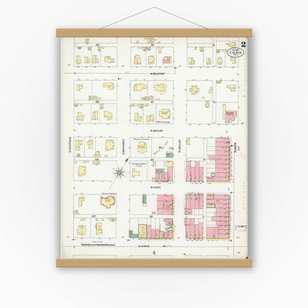 Old map wall art mockup — magnetic wood frame on white wall — Sanborn Fire Insurance Map from Ennis, Ellis County, Texas (1901), Sheet #0002