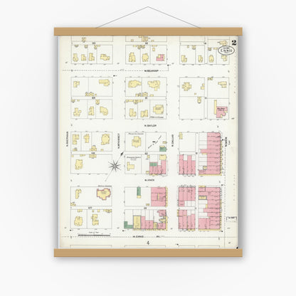 Old map wall art mockup — magnetic wood frame on white wall — Sanborn Fire Insurance Map from Ennis, Ellis County, Texas (1901), Sheet #0002