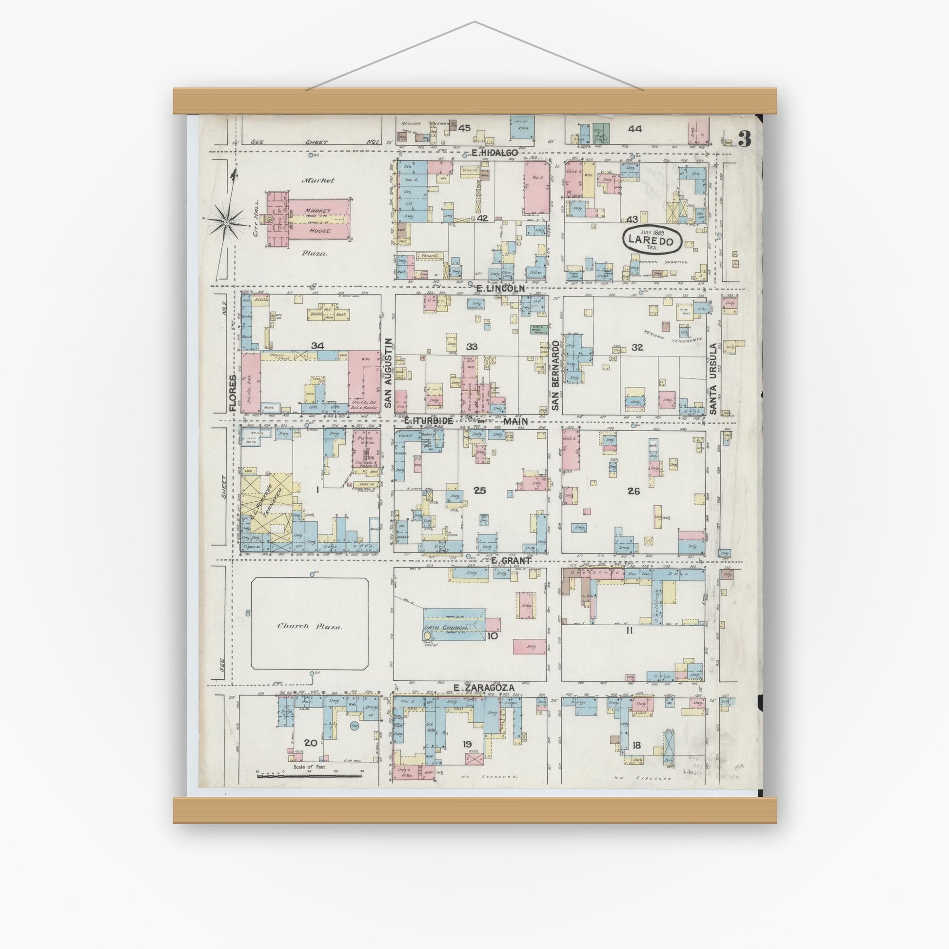 Old map wall art mockup — magnetic wood frame on white wall — Sanborn Fire Insurance Map from Laredo, Webb County, Texas (1889), Sheet #0003
