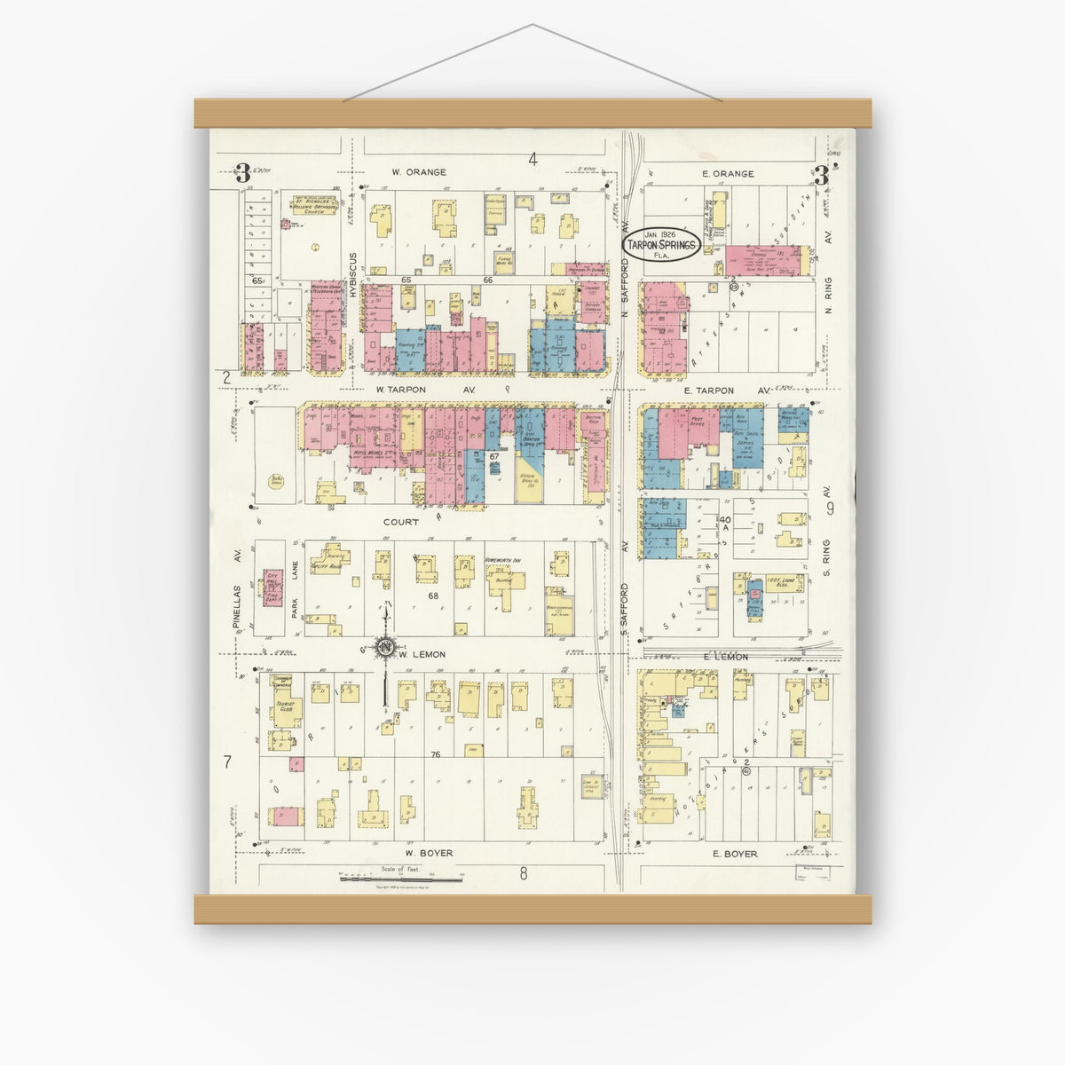 Old map wall art mockup — magnetic wood frame on white wall — Sanborn Fire Insurance Map from Tarpon Springs, Pinellas County, Florida (1926), Sheet #0003