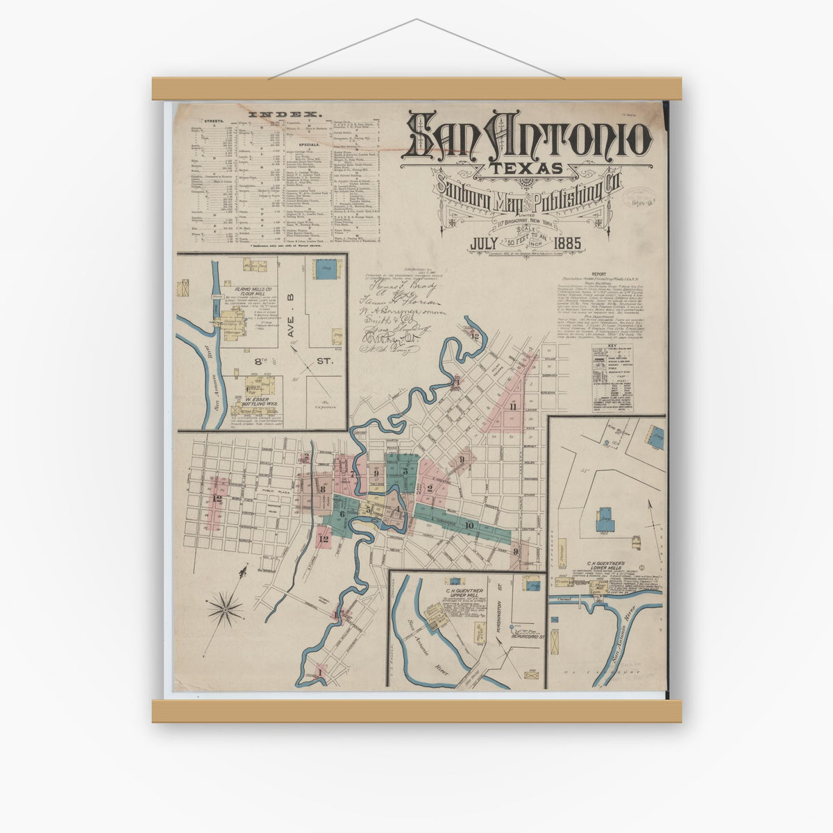 Old map wall art mockup — magnetic wood frame on white wall — Sanborn Fire Insurance Map from San Antonio, Bexar County, Texas (1885), Sheet #0001