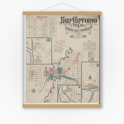 Old map wall art mockup — magnetic wood frame on white wall — Sanborn Fire Insurance Map from San Antonio, Bexar County, Texas (1885), Sheet #0001