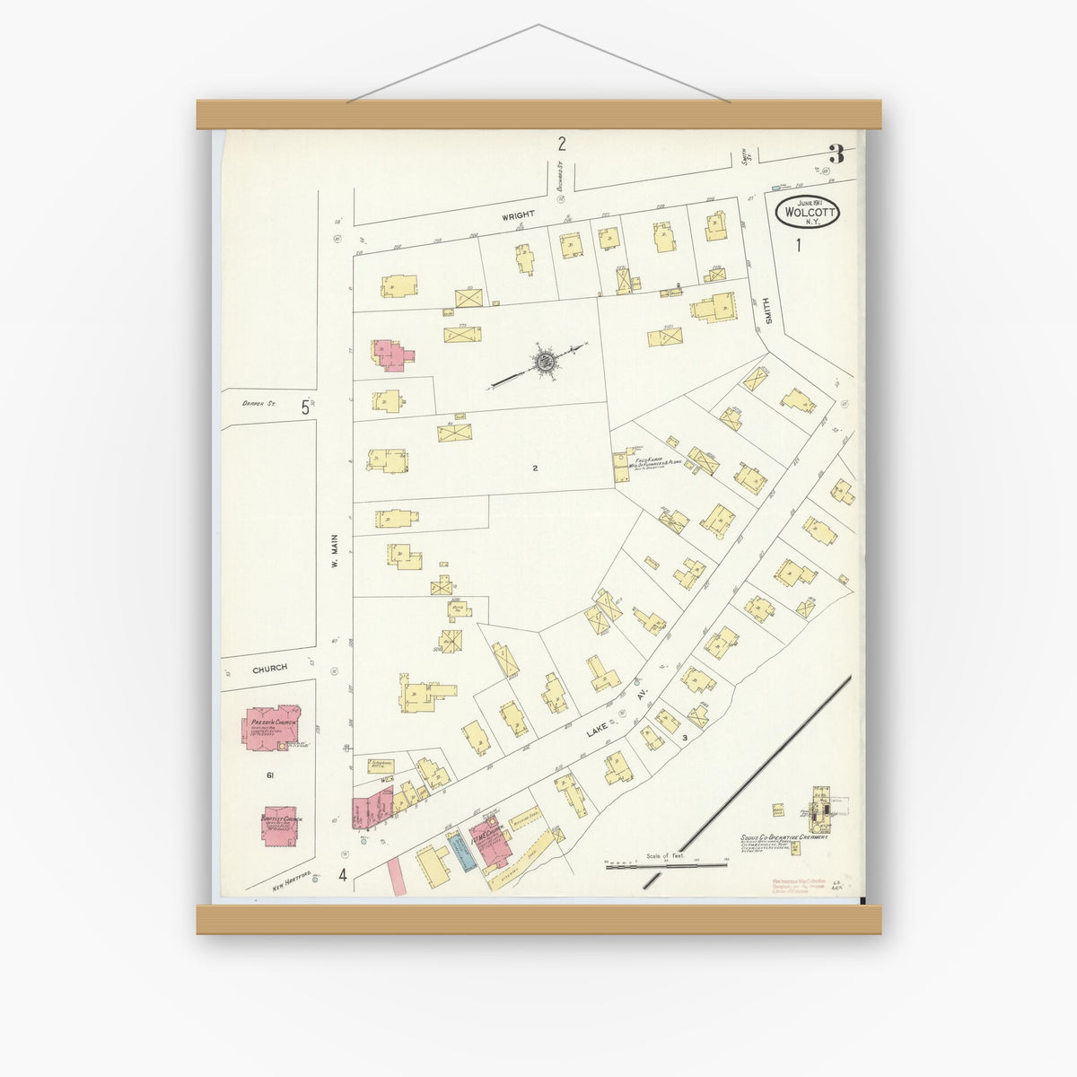 Old map wall art mockup — magnetic wood frame on white wall — Sanborn Fire Insurance Map from Wolcott, Wayne County, New York (1911), Sheet #0003