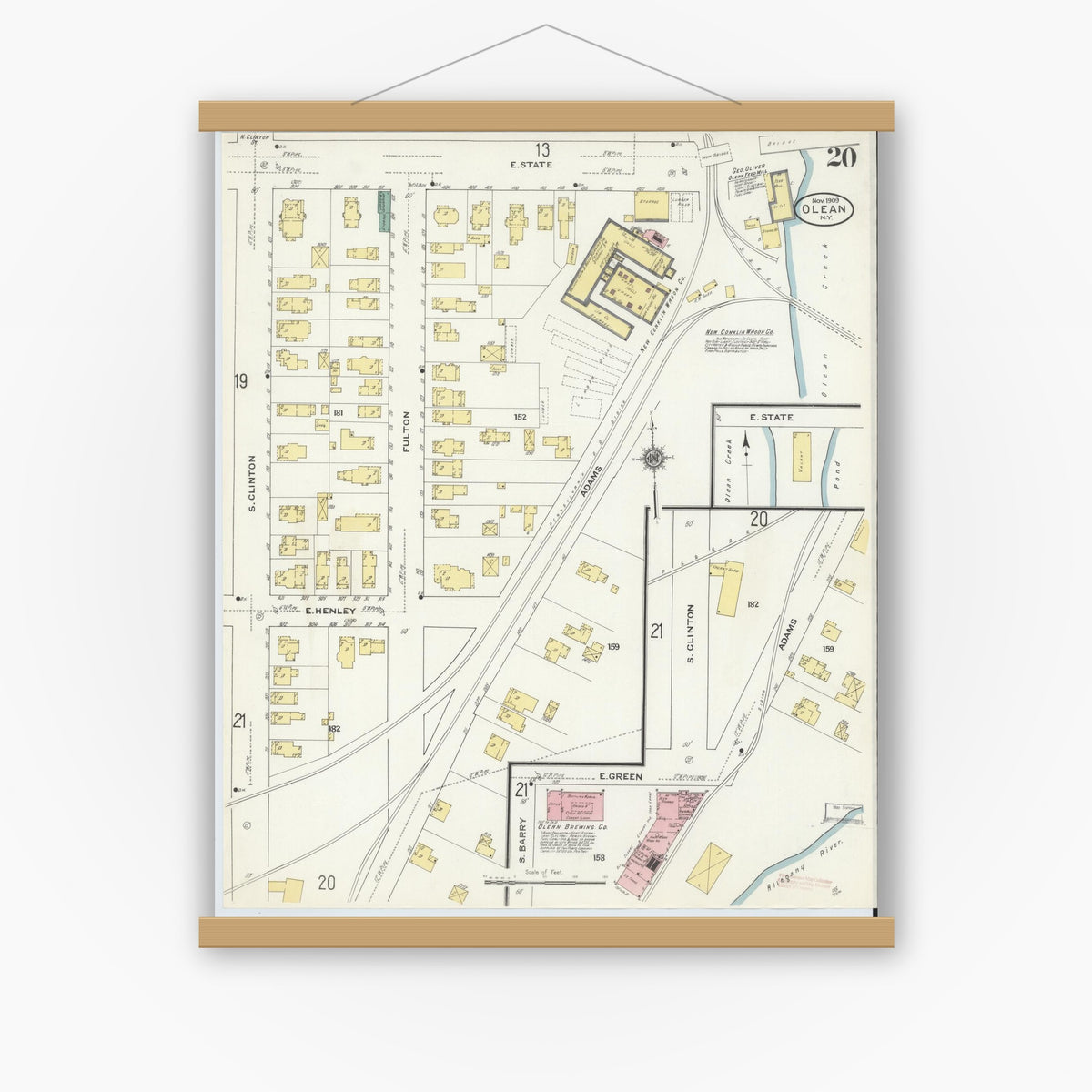 Old map wall art mockup — magnetic wood frame on white wall — Sanborn Fire Insurance Map from Olean, Cattaraugus County, New York (1909), Sheet #0020