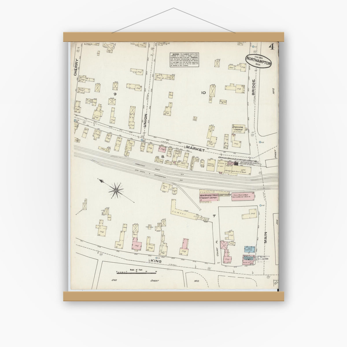 Old map wall art mockup — magnetic wood frame on white wall — Sanborn Fire Insurance Map from Northampton, Hampshire County, Massachusetts (1884), Sheet #0004