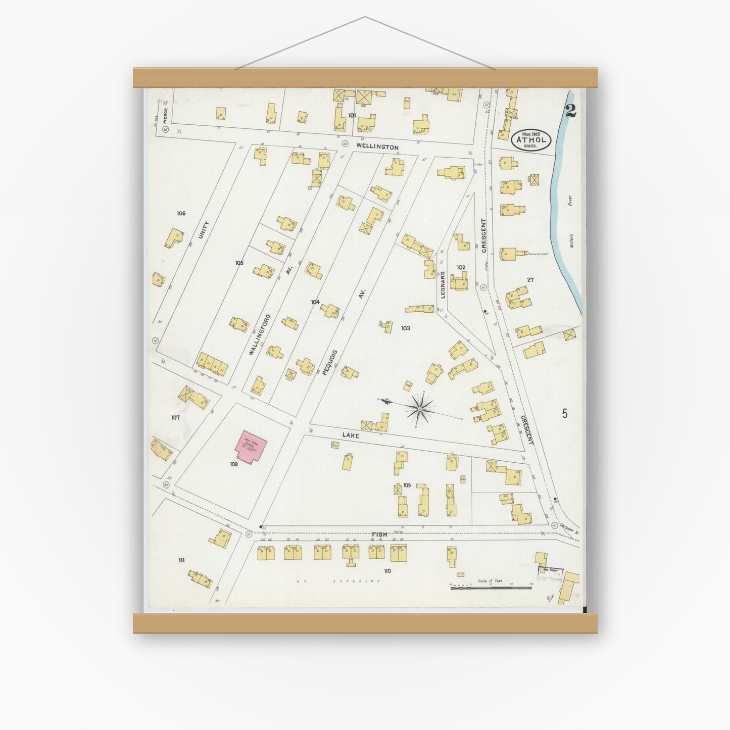 Old map wall art mockup — magnetic wood frame on white wall — Sanborn Fire Insurance Map from Athol, Worcester County, Massachusetts (1905), Sheet #0002