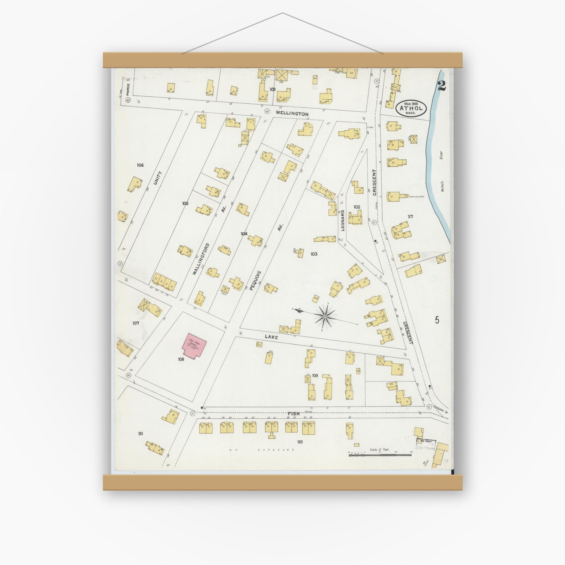 Old map wall art mockup — magnetic wood frame on white wall — Sanborn Fire Insurance Map from Athol, Worcester County, Massachusetts (1905), Sheet #0002