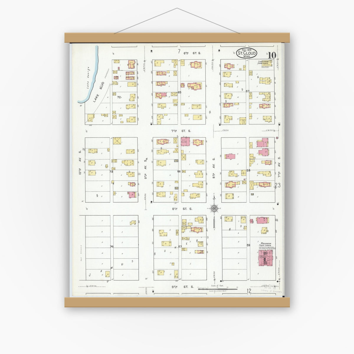 Old map wall art mockup — magnetic wood frame on white wall — Sanborn Fire Insurance Map from Saint Cloud, Stearns, Benton, and Sherburne Counties, Minnesota (1919), Sheet #0010