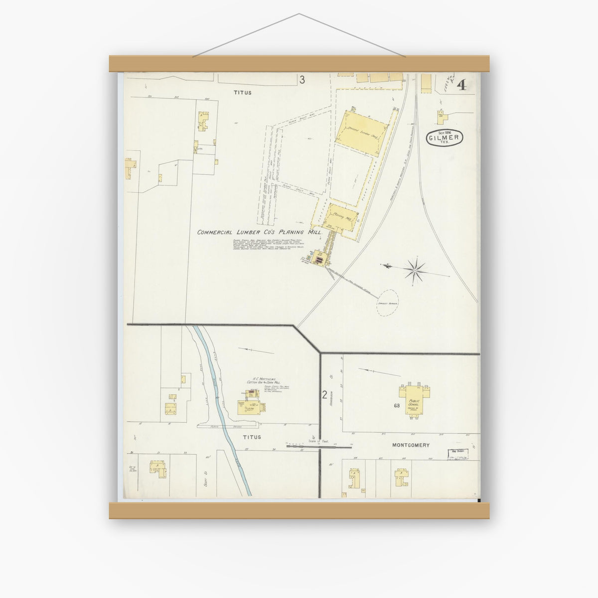 Old map wall art mockup — magnetic wood frame on white wall — Sanborn Fire Insurance Map from Gilmer, Upshur County, Texas (1896), Sheet #0004
