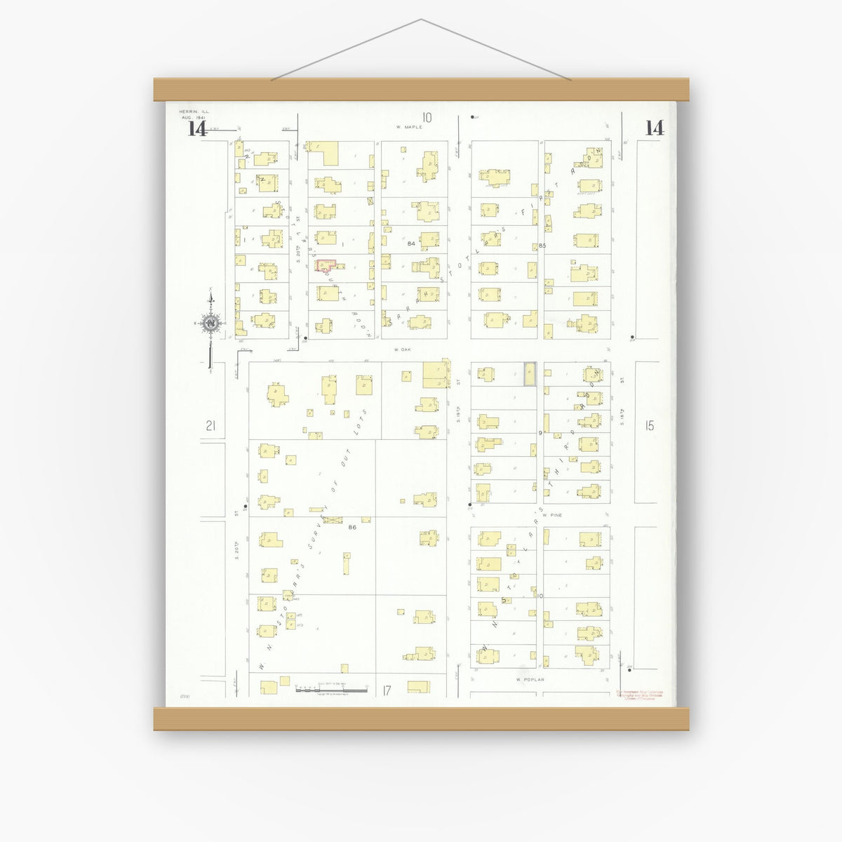 Old map wall art mockup — magnetic wood frame on white wall — Sanborn Fire Insurance Map from Herrin, Williamson County, Illinois (1941), Sheet #0014