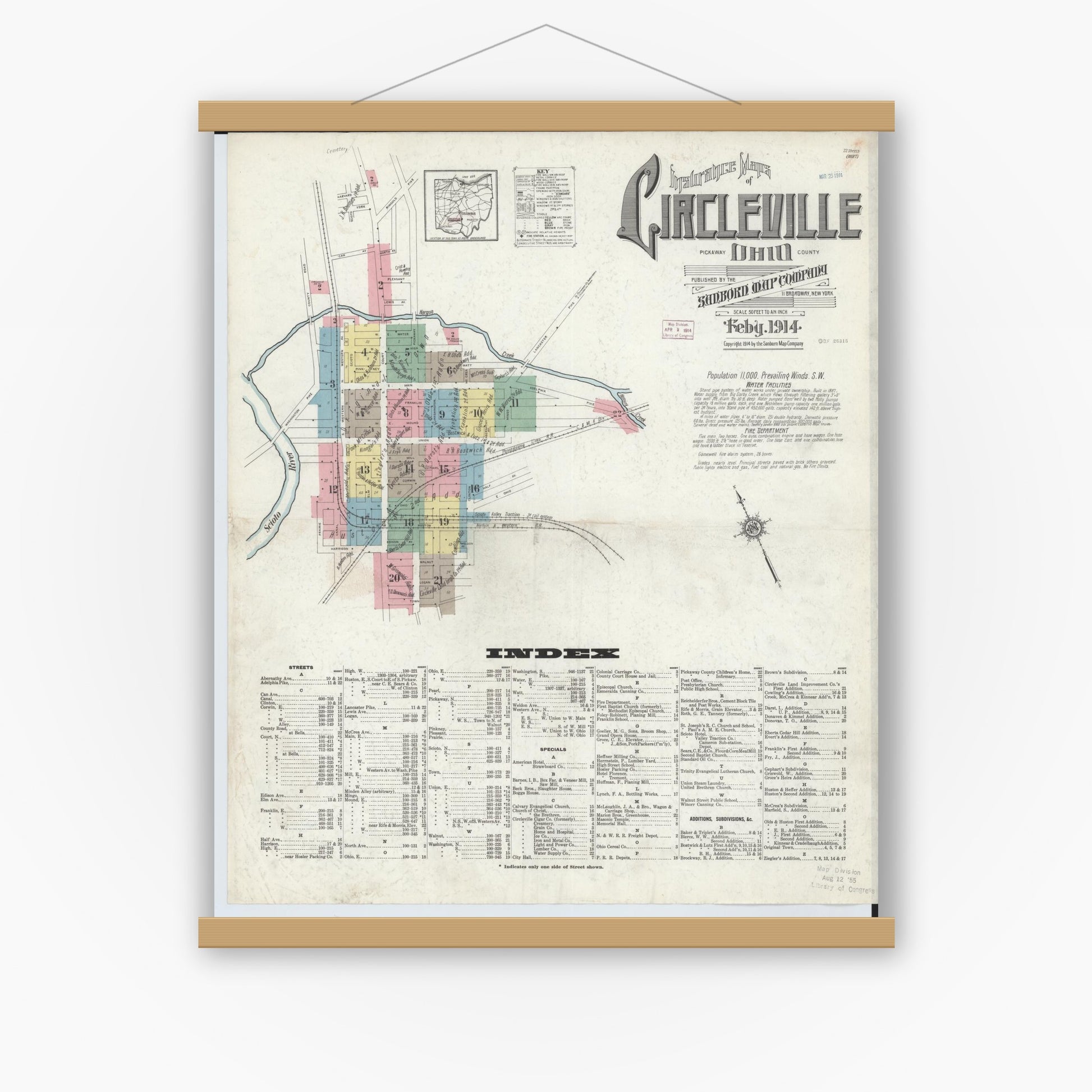 Old map wall art mockup — magnetic wood frame on white wall — Sanborn Fire Insurance Map from Circleville, Pickaway County, Ohio (1914) - Complete Map Set