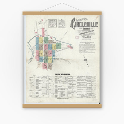 Old map wall art mockup — magnetic wood frame on white wall — Sanborn Fire Insurance Map from Circleville, Pickaway County, Ohio (1914) - Complete Map Set