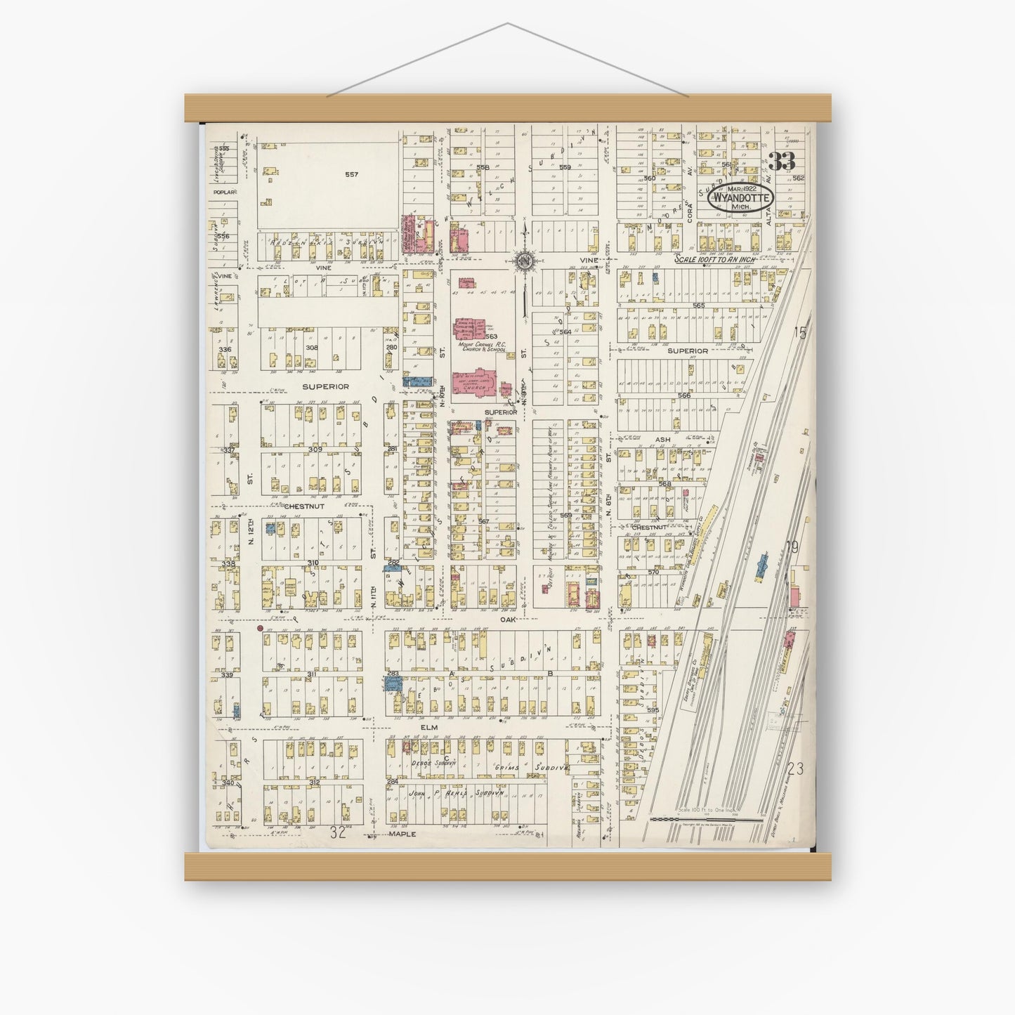 Old map wall art mockup — magnetic wood frame on white wall — Sanborn Fire Insurance Map from Wyandotte, Wayne County, Michigan (1922), Sheet #0033
