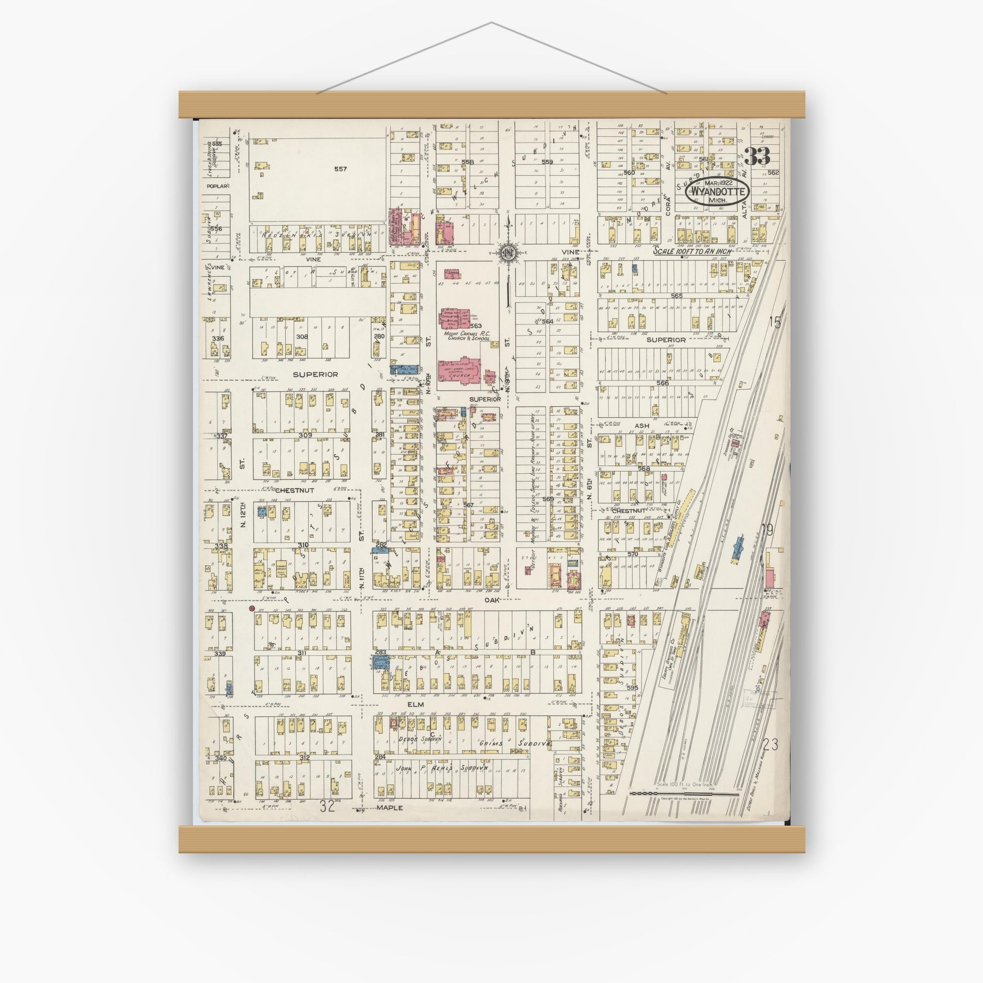 Old map wall art mockup — magnetic wood frame on white wall — Sanborn Fire Insurance Map from Wyandotte, Wayne County, Michigan (1922), Sheet #0033