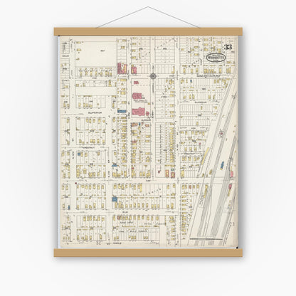 Old map wall art mockup — magnetic wood frame on white wall — Sanborn Fire Insurance Map from Wyandotte, Wayne County, Michigan (1922), Sheet #0033