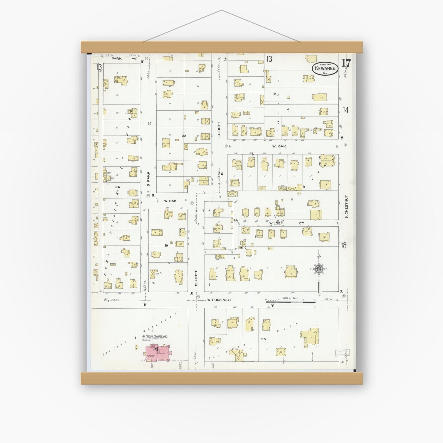 Old map wall art mockup — magnetic wood frame on white wall — Sanborn Fire Insurance Map from Kewanee, Henry County, Illinois (1910), Sheet #0017