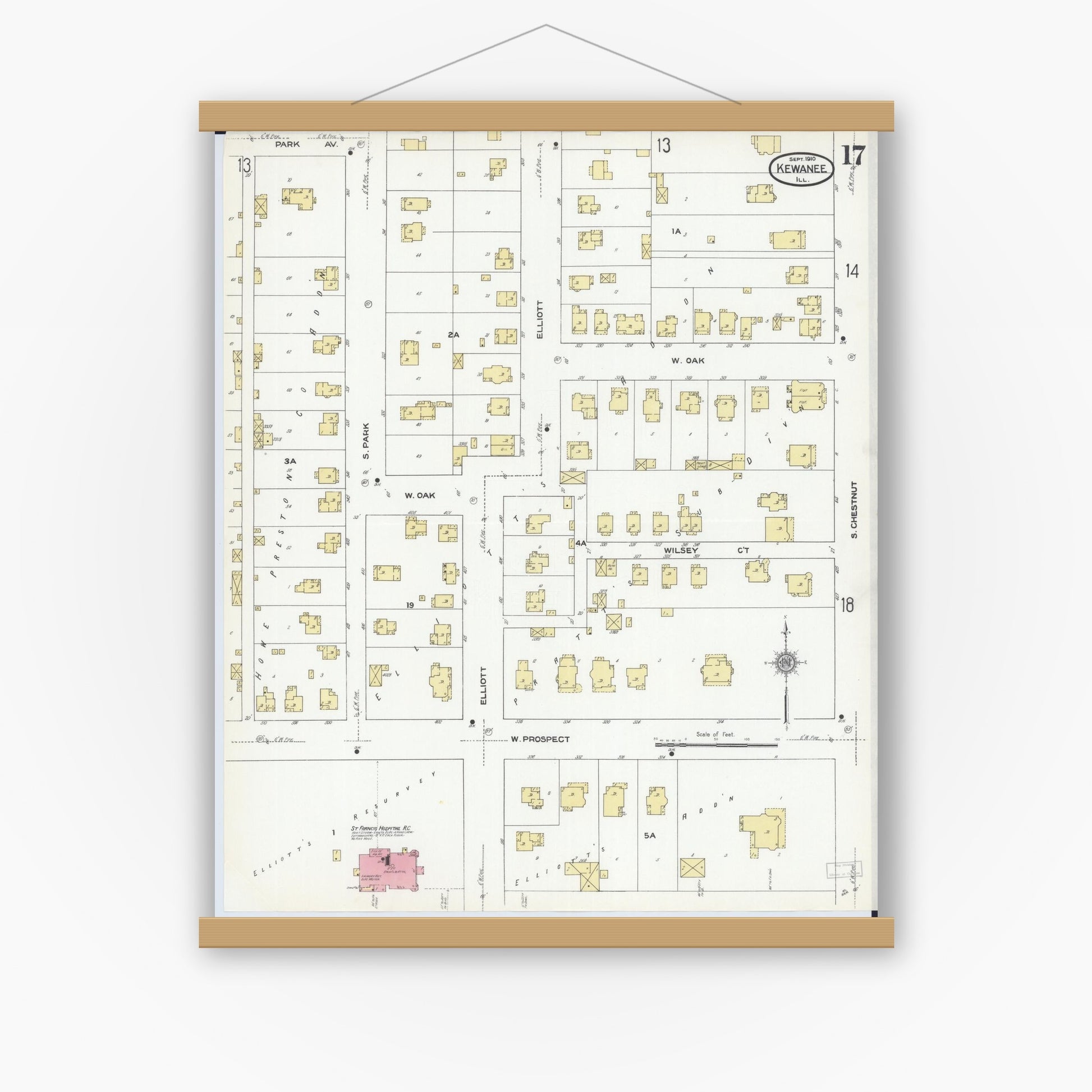 Old map wall art mockup — magnetic wood frame on white wall — Sanborn Fire Insurance Map from Kewanee, Henry County, Illinois (1910), Sheet #0017