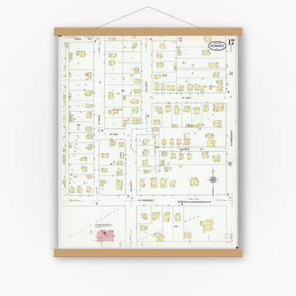 Old map wall art mockup — magnetic wood frame on white wall — Sanborn Fire Insurance Map from Kewanee, Henry County, Illinois (1910), Sheet #0017