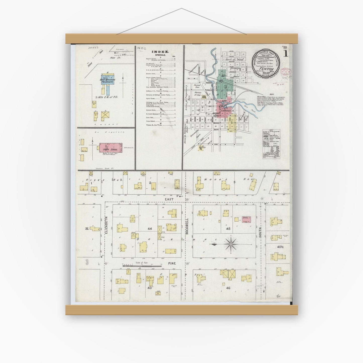 Old map wall art mockup — magnetic wood frame on white wall — Sanborn Fire Insurance Map from Fenton, Genesee County, Michigan (1895) - Complete Map Set
