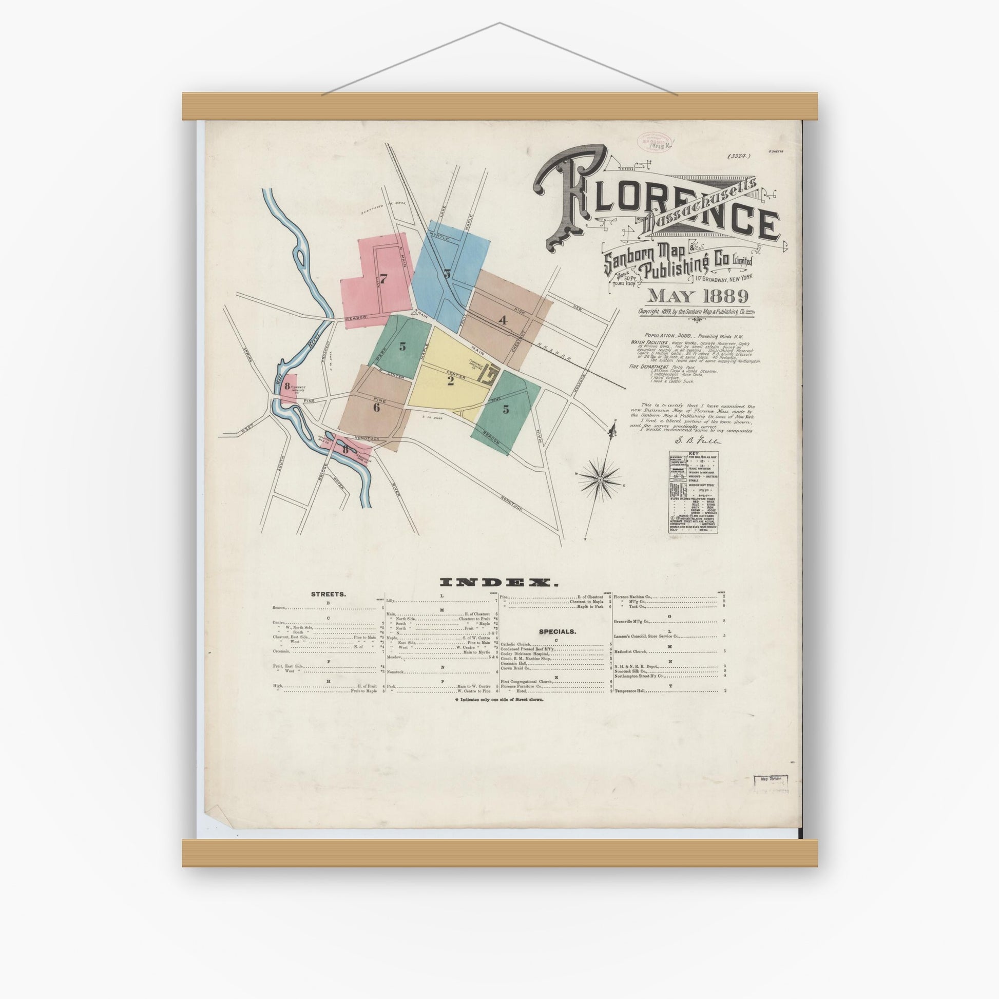 Old map wall art mockup — magnetic wood frame on white wall — Sanborn Fire Insurance Map from Florence, Hampshire County, Massachusetts (1889) - Complete Map Set