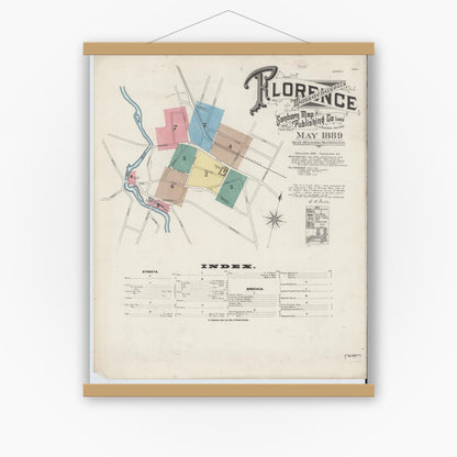 Old map wall art mockup — magnetic wood frame on white wall — Sanborn Fire Insurance Map from Florence, Hampshire County, Massachusetts (1889) - Complete Map Set