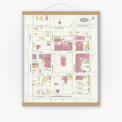 Old map wall art mockup — magnetic wood frame on white wall — Sanborn Fire Insurance Map from Bloomfield, Greene County, Indiana (1921), Sheet #0004