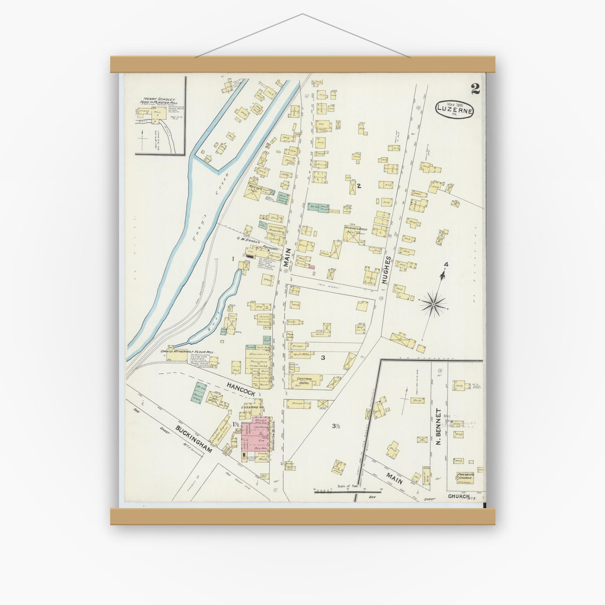 Old map wall art mockup — magnetic wood frame on white wall — Sanborn Fire Insurance Map from Luzerne, Luzerne County, Pennsylvania (1891), Sheet #0002