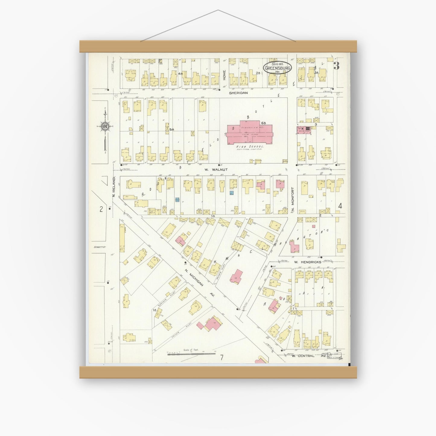 Old map wall art mockup — magnetic wood frame on white wall — Sanborn Fire Insurance Map from Greensburg, Decatur County, Indiana (1913), Sheet #0003