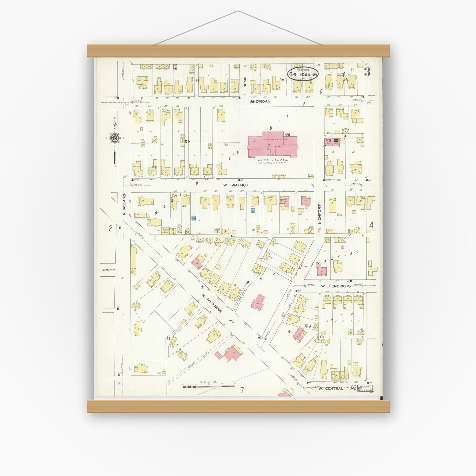 Old map wall art mockup — magnetic wood frame on white wall — Sanborn Fire Insurance Map from Greensburg, Decatur County, Indiana (1913), Sheet #0003