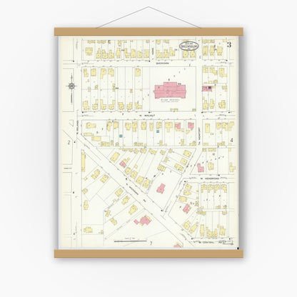 Old map wall art mockup — magnetic wood frame on white wall — Sanborn Fire Insurance Map from Greensburg, Decatur County, Indiana (1913), Sheet #0003