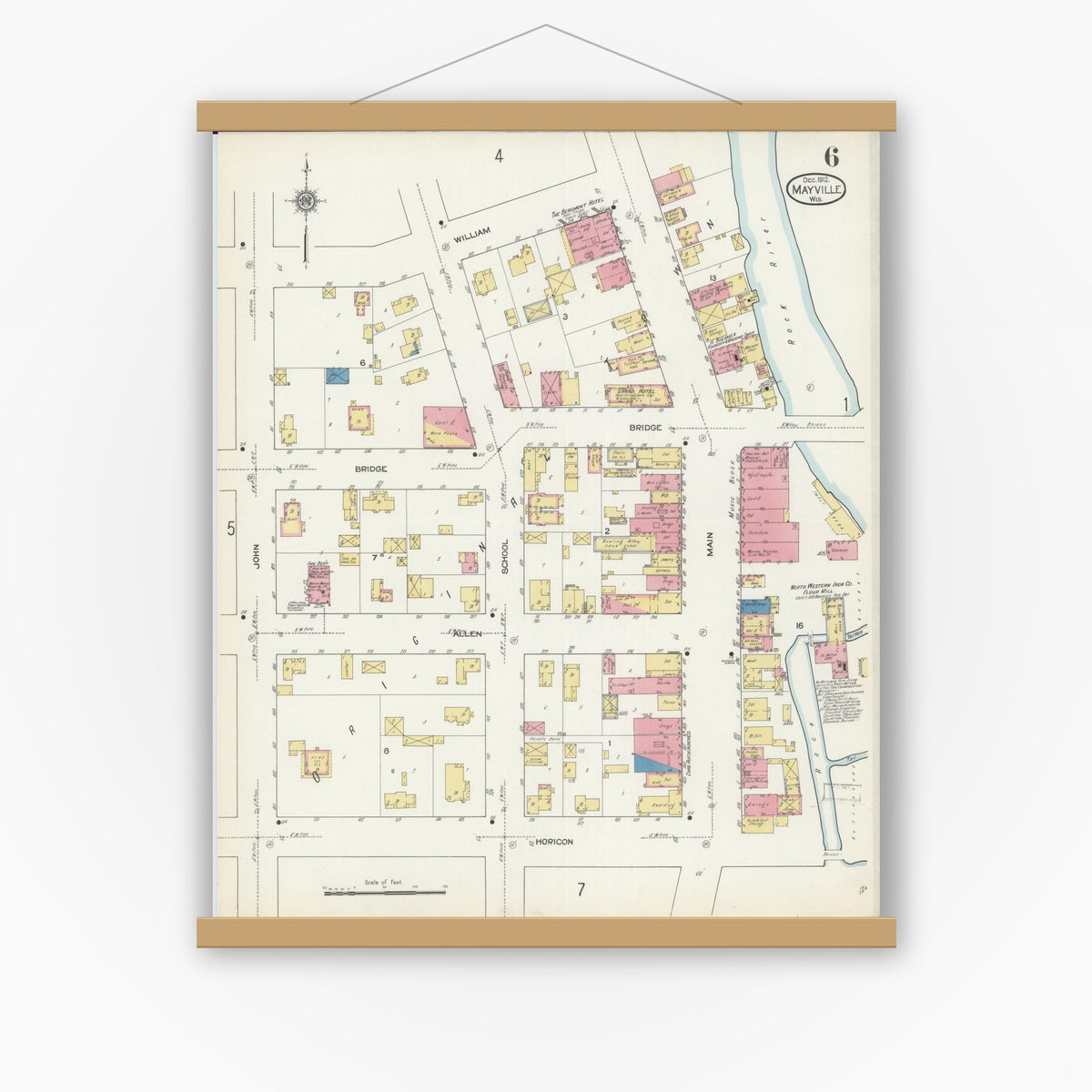 Old map wall art mockup — magnetic wood frame on white wall — Sanborn Fire Insurance Map from Mayville, Dodge County, Wisconsin (1912), Sheet #0006